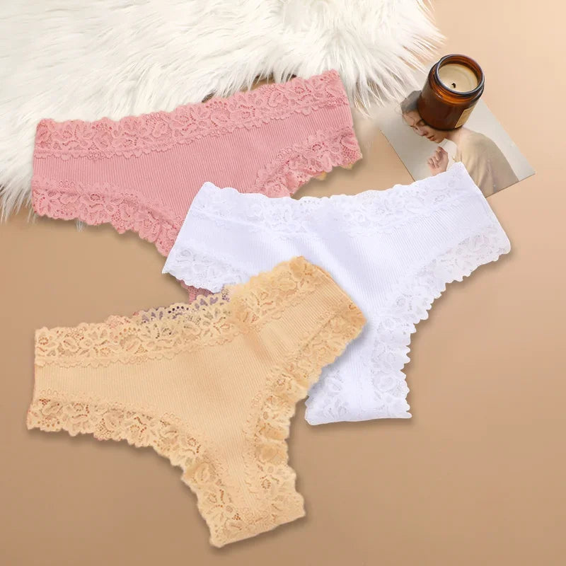 3Pcs/set Women Cotton Lace Panties Floral Intimate Underwear Trendy Patchwork Lace Briefs Female Soft Underpants Lingerie S-XL Dames & Queens Dreams-Lingerie
