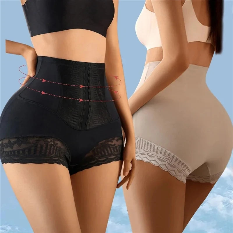 Women Seamless High Waist Tummy Control Shorts Panties with Lace Trim Flat Belly Shaping Slimming Underwear Butt Lifter Boyshort Dames & Queens Dreams-Lingerie