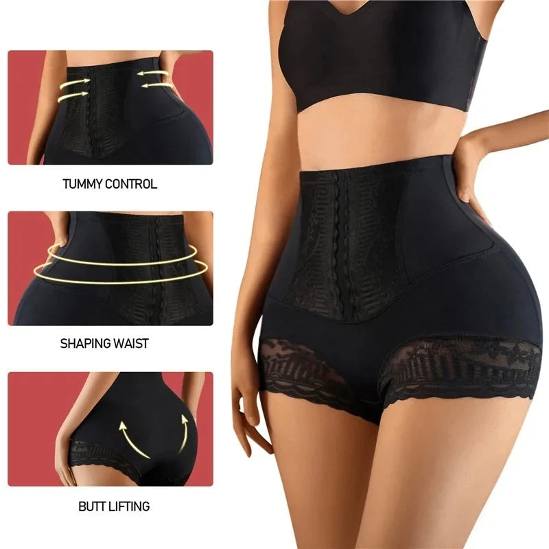 Women Seamless High Waist Tummy Control Shorts Panties with Lace Trim Flat Belly Shaping Slimming Underwear Butt Lifter Boyshort Dames & Queens Dreams-Lingerie