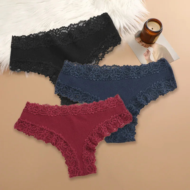 3Pcs/set Women Cotton Lace Panties Floral Intimate Underwear Trendy Patchwork Lace Briefs Female Soft Underpants Lingerie S-XL Dames & Queens Dreams-Lingerie