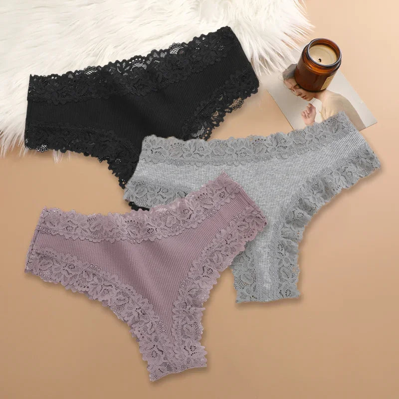 3Pcs/set Women Cotton Lace Panties Floral Intimate Underwear Trendy Patchwork Lace Briefs Female Soft Underpants Lingerie S-XL Dames & Queens Dreams-Lingerie