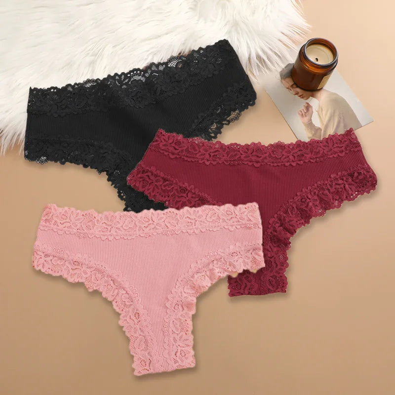 3Pcs/set Women Cotton Lace Panties Floral Intimate Underwear Trendy Patchwork Lace Briefs Female Soft Underpants Lingerie S-XL Dames & Queens Dreams-Lingerie