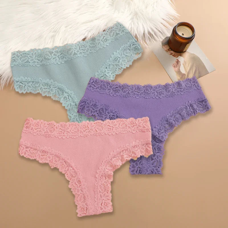 3Pcs/set Women Cotton Lace Panties Floral Intimate Underwear Trendy Patchwork Lace Briefs Female Soft Underpants Lingerie S-XL Dames & Queens Dreams-Lingerie