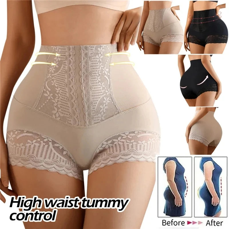 Women Seamless High Waist Tummy Control Shorts Panties with Lace Trim Flat Belly Shaping Slimming Underwear Butt Lifter Boyshort Dames & Queens Dreams-Lingerie