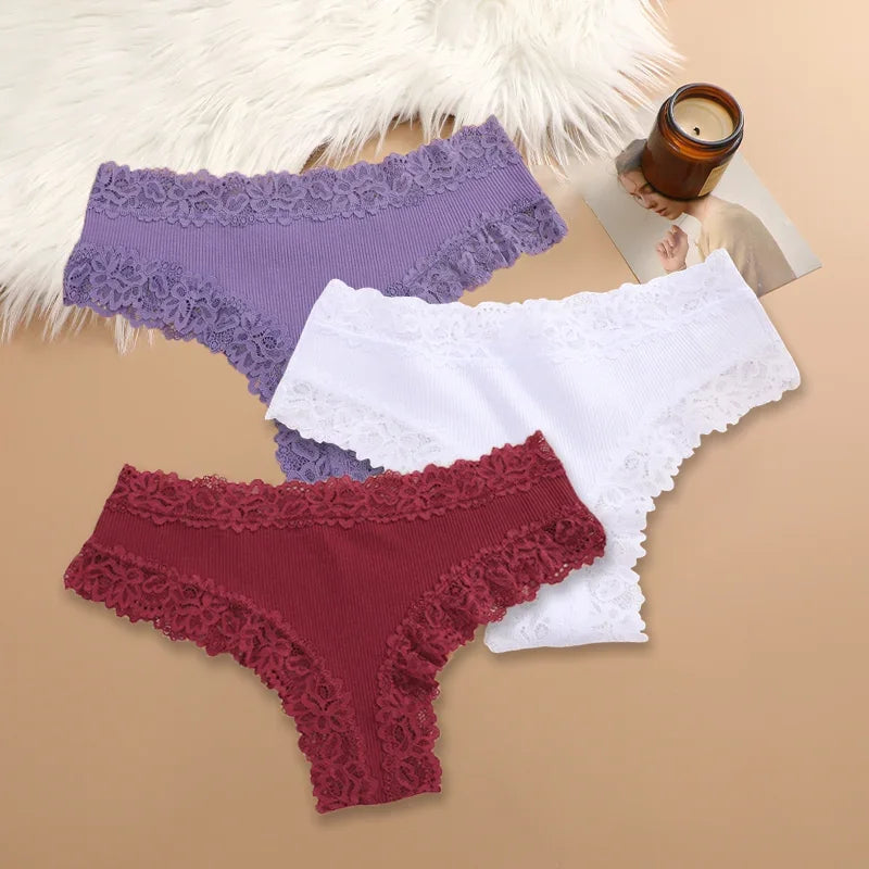 3Pcs/set Women Cotton Lace Panties Floral Intimate Underwear Trendy Patchwork Lace Briefs Female Soft Underpants Lingerie S-XL Dames & Queens Dreams-Lingerie