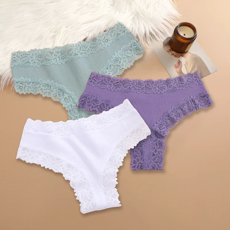 3Pcs/set Women Cotton Lace Panties Floral Intimate Underwear Trendy Patchwork Lace Briefs Female Soft Underpants Lingerie S-XL Dames & Queens Dreams-Lingerie