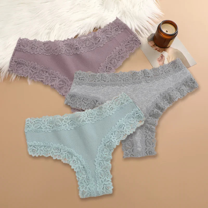 3Pcs/set Women Cotton Lace Panties Floral Intimate Underwear Trendy Patchwork Lace Briefs Female Soft Underpants Lingerie S-XL Dames & Queens Dreams-Lingerie