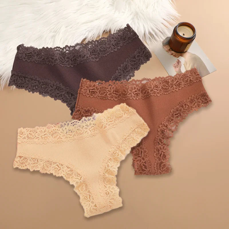 3Pcs/set Women Cotton Lace Panties Floral Intimate Underwear Trendy Patchwork Lace Briefs Female Soft Underpants Lingerie S-XL Dames & Queens Dreams-Lingerie