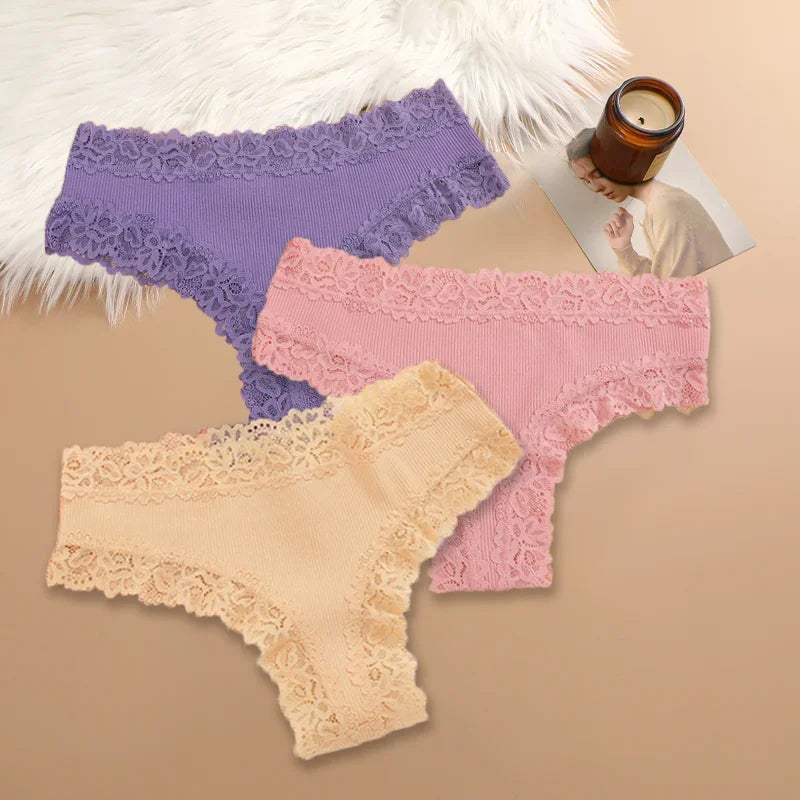 3Pcs/set Women Cotton Lace Panties Floral Intimate Underwear Trendy Patchwork Lace Briefs Female Soft Underpants Lingerie S-XL Dames & Queens Dreams-Lingerie
