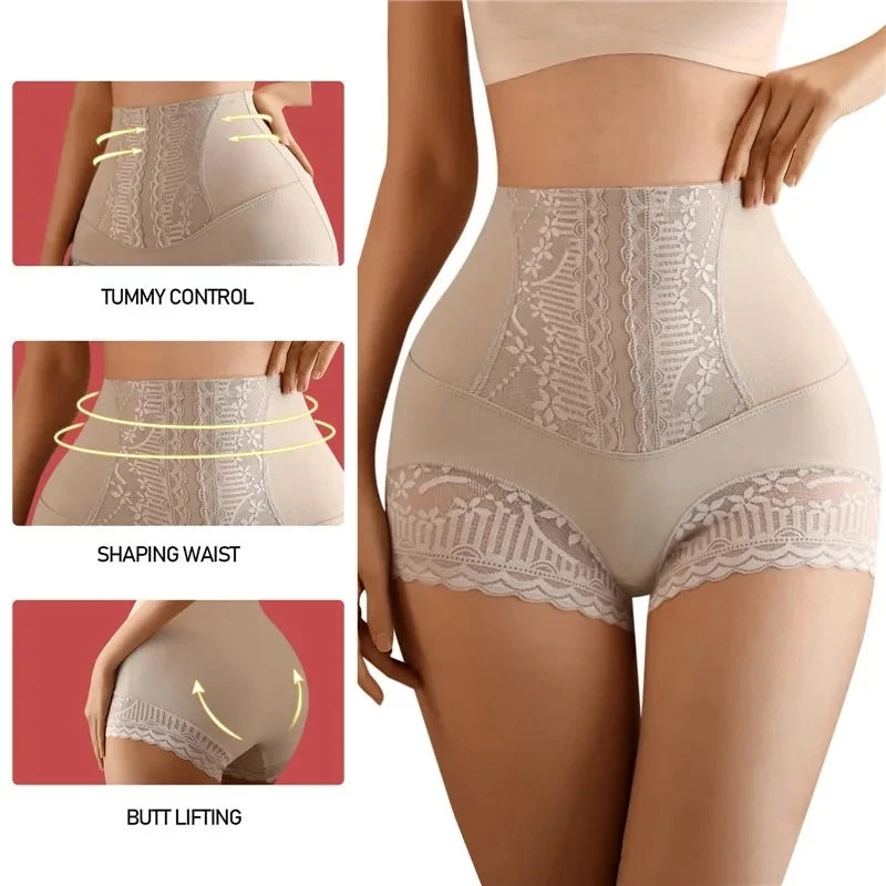 Women Seamless High Waist Tummy Control Shorts Panties with Lace Trim Flat Belly Shaping Slimming Underwear Butt Lifter Boyshort Dames & Queens Dreams-Lingerie