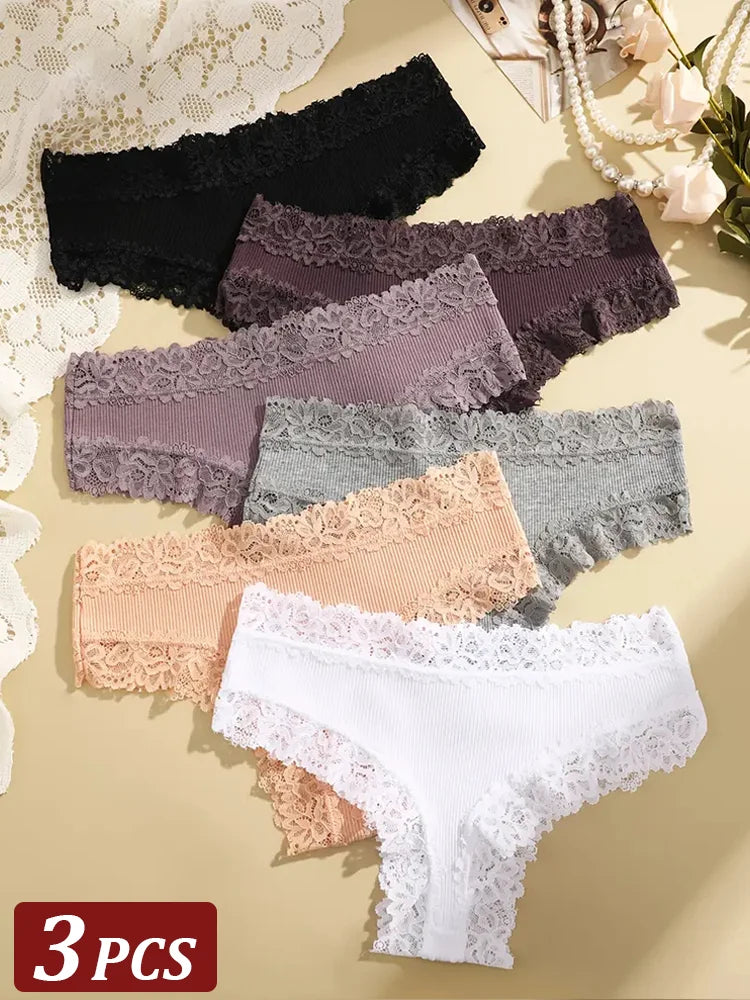 3Pcs/set Women Cotton Lace Panties Floral Intimate Underwear Trendy Patchwork Lace Briefs Female Soft Underpants Lingerie S-XL Dames & Queens Dreams-Lingerie